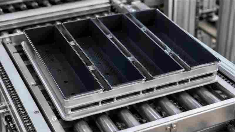 A close-up of a custom baking pan with a reinforced frame for an automated production line