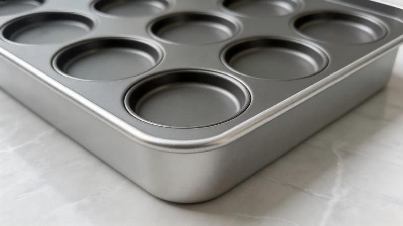 A close-up shot showing the texture and thickness of an aluminized steel baking pan