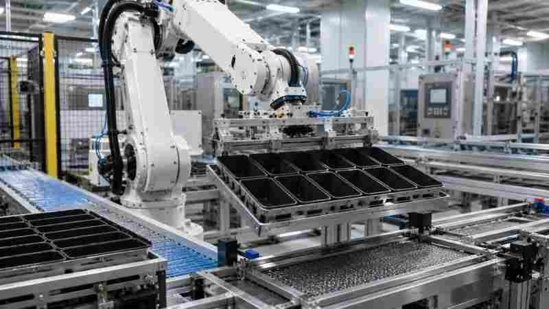 Baking Pans for Automated Bakery A robotic arm moving baking pans on an automated production line