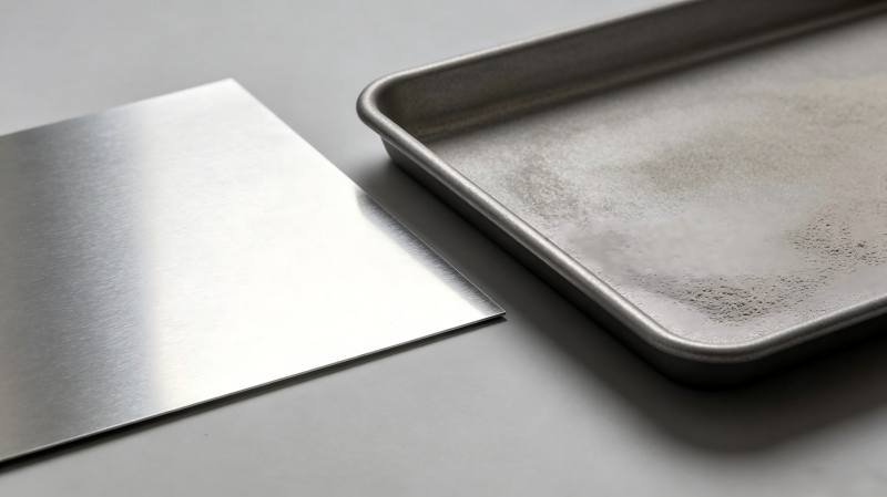 Durable baking pan materials A sheet of aluminized steel next to a sandblasted baking pan