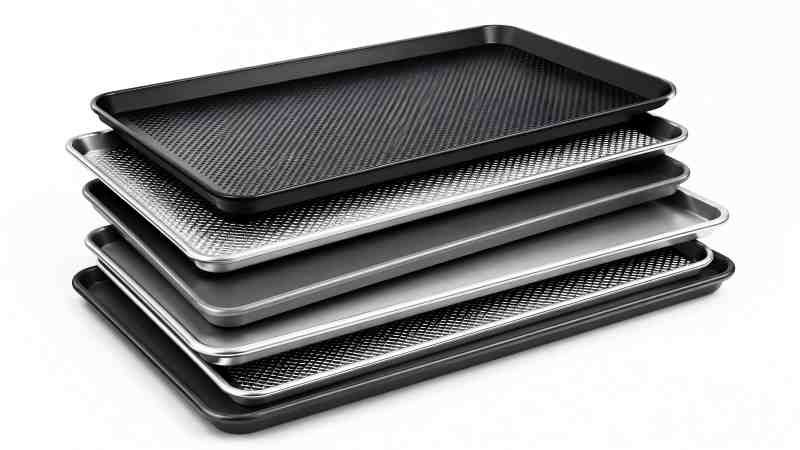 A stack of different custom baking pans showing various materials and thicknesses