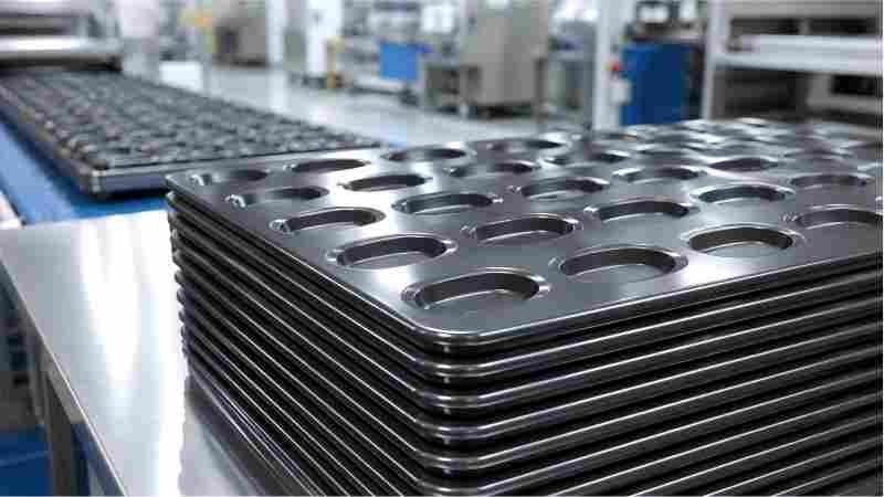 A stack of new, shiny aluminized steel baking pans