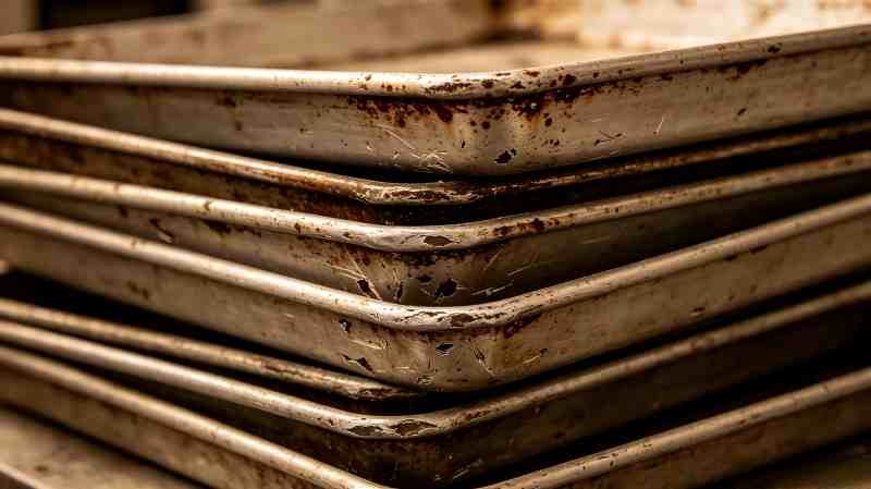 Lifespan of industrial bakeware A stack of used industrial baking pans showing wear and tear