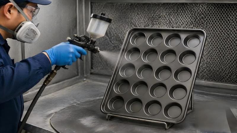 A technician spraying a professional non-stick coating onto a baking pan