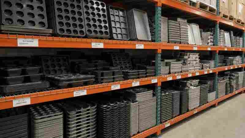 Standard vs Custom Baking Pans A warehouse shelf filled with standard commercial baking pans