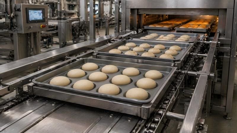 An automated production line with custom-framed baking pans moving along a conveyor belt