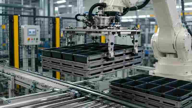 An automated robotic arm moving a stack of custom-designed baking pans