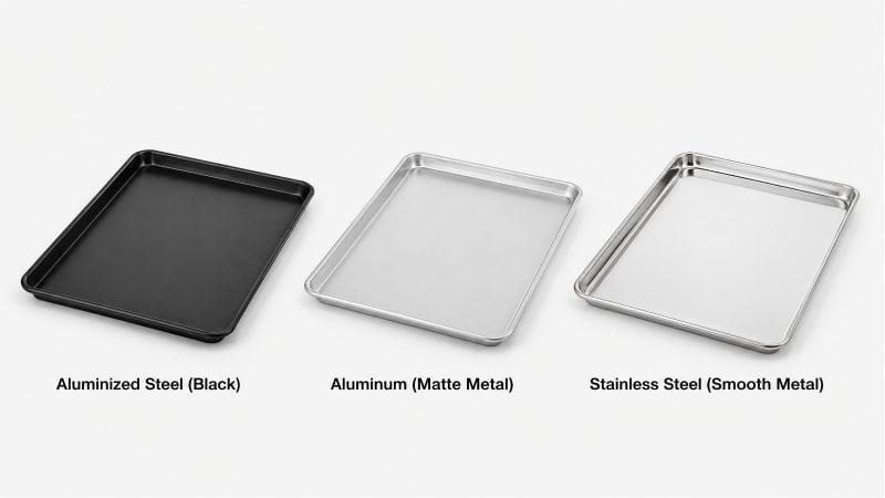 Side-by-side comparison of aluminized steel, aluminum, and stainless steel baking pans