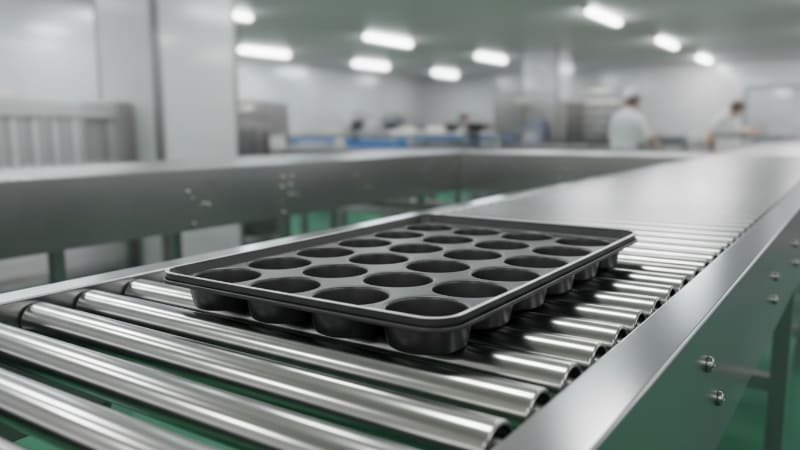 A stack of industrial bread pans ready for use in a factory setting