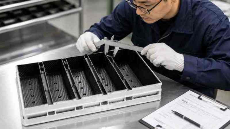 A quality control inspector checking custom bakeware