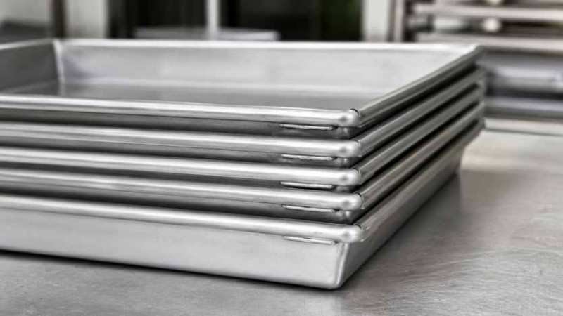 A stack of industrial baking trays